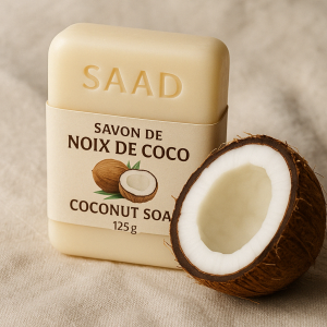 Savon noix de coco Saad : nettoie, hydrate et adoucit la peau naturellement. Parfum coco délicat, idéal pour peaux sèches et sensibles.